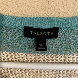 Talbots Aqua and Cream Knit Top Beach Vacation Cruise Resort Sheer